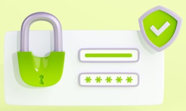 Account verification with password and 3d padlock http://www.freepik.com/ Concept of privacy protection, computer or phone access security. Account verification system with login and password, green padlock and shield, 3d render illustration isolated on background